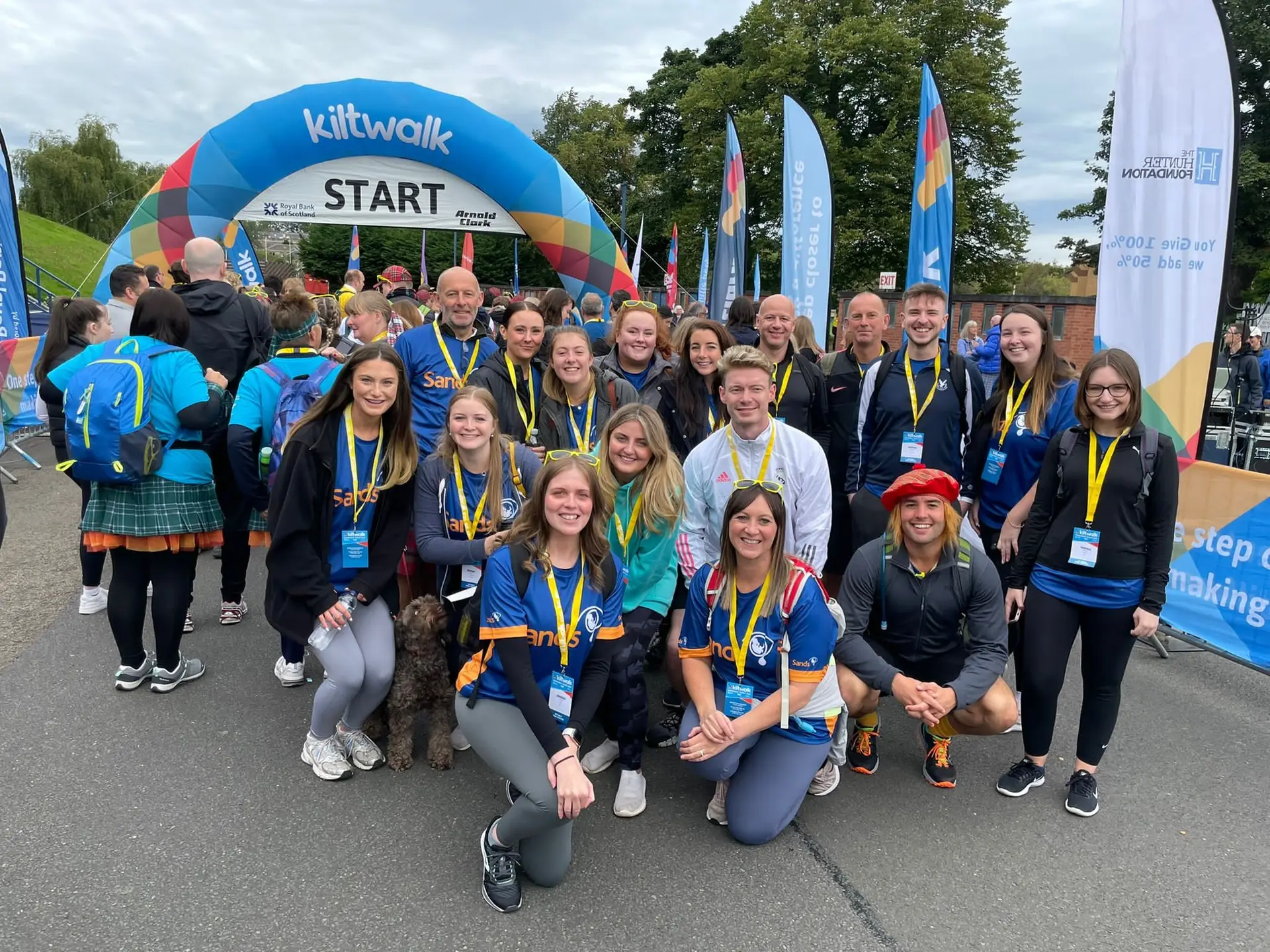 Group image of all Livingston James Group Kiltwalk participants at the start line